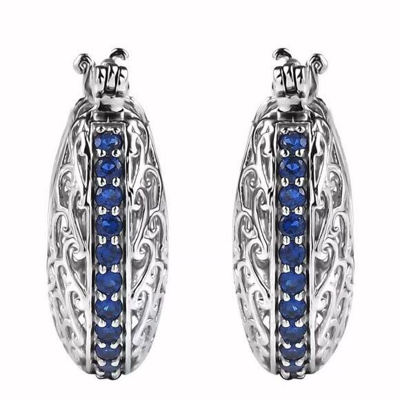 Blue Diamond 1.20 ctw Simulated Hoop Platinum Earrings - Picture 2 of 6